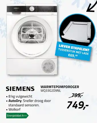 Obbink Siemens Warmtepompdroger WQ33G2D9NL aanbieding