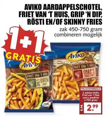 De Boerenschuur Aviko aardappelschotel, friet van 't huis, grip 'n dip, rösti en/of skinny fries aanbieding