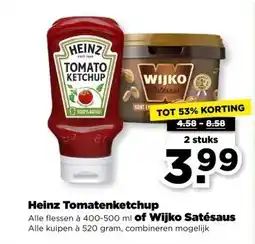 PLUS Heinz Tomatenketchup Alle flessen à 400-500 ml of Wijko Satésaus Alle kuipen à 520 gram, aanbieding