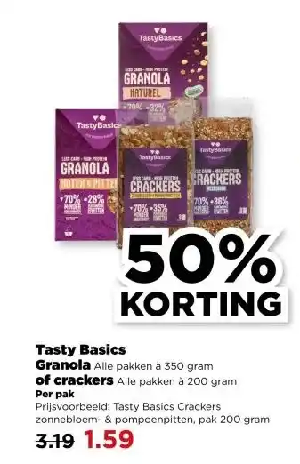 PLUS Tasty Basics Granola Alle pakken à 350 gram of crackers Alle pakken à 200 gram aanbieding