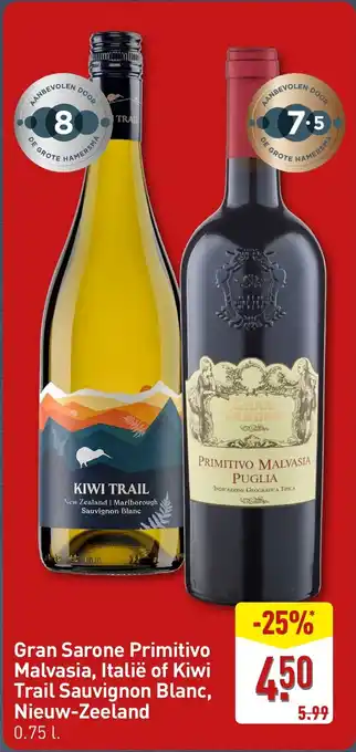 ALDI Gran Sarone Primitivo Malvasia, Italië of Kiwi Trail Sauvignon Blanc, Nieuw Zeeland aanbieding