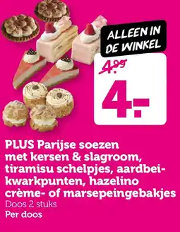 Coop PLUS Parijse soezen met kersen & slagroom, tiramisu schelpjes, aardbei kwarkpunten, hazelino crème of marsepeingebakjes aanbieding