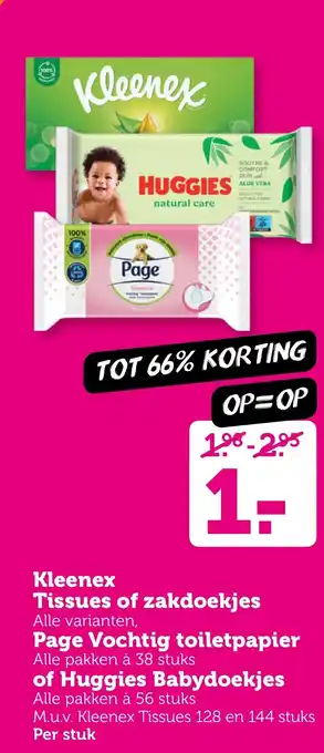 Coop Kleenex Tissues of zakdoekjes Page Vochtig toiletpapier of Huggies Babydoekjes aanbieding