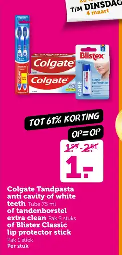 Coop Colgate Tandpasta anti cavity of white teeth of tandenborstel extra clean of Blistex Classic lip protector stick aanbieding