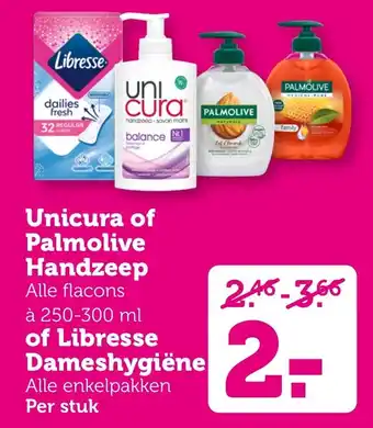 Coop Unicura of Palmolive Handzeep of Libresse Dameshygiëne aanbieding