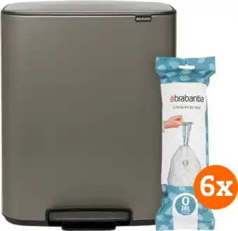 Coolblue Brabantia Bo Pedal Bin 2 x 30 Liter Platinum + Vuilniszakken (120 stuks) aanbieding