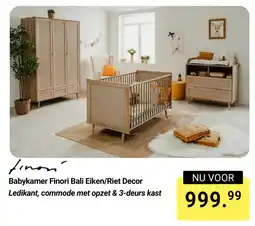 Van Asten BabySuperstore Babykamer Finori Bali Eiken, Riet Decor Ledikant, commode met opzet & 3 deurs kast aanbieding