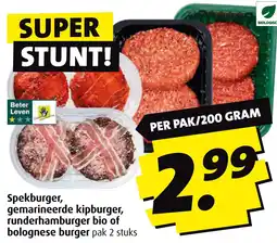 Boni Spekburger, gemarineerde kipburger, runderhamburger bio of bolognese burger pak 2 stuks aanbieding