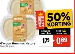 Vomar Voordeelmarkt G'woon Hummus Naturel Bak 200 gram aanbieding