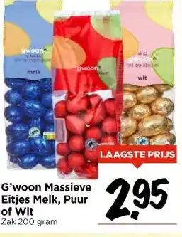 Vomar Voordeelmarkt G'woon Massieve Eitjes Melk, Puur of Wit Zak 200 gram aanbieding