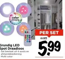 Vomar Voordeelmarkt Grundig LED Spot Draadloos Set bestaat uit 4 spots en afstandsbediening aanbieding