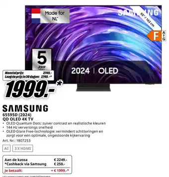 MediaMarkt SAMSUNG 65S95D 2024 QD OLED 4K TV aanbieding