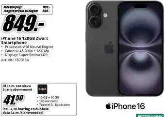 MediaMarkt iPhone 16 128GB Zwart Smartphone aanbieding