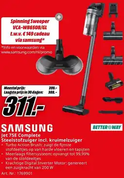 MediaMarkt SAMSUNG Jet 75E Complete Steelstofzuiger incl. kruimelzuiger aanbieding