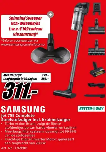 MediaMarkt SAMSUNG Jet 75E Complete Steelstofzuiger incl. kruimelzuiger aanbieding