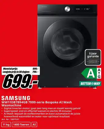 MediaMarkt SAMSUNG WW11DB7B94GB 7000-serie Bespoke AI Wash Wasmachine aanbieding