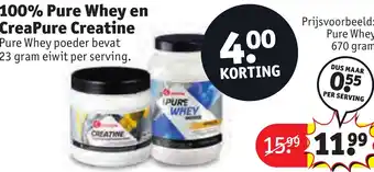 Kruidvat 100% Pure Whey en CreaPure Creatine Pure Whey poeder bevat 23 gram eiwit per serving. aanbieding