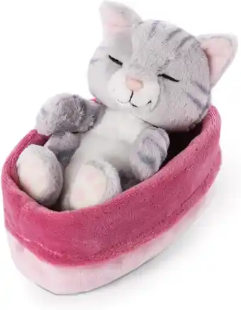 Amazon NICI Knuffeldier Sleeping Kitties-kat 12 cm, grijs, in een rozepaarse mand aanbieding