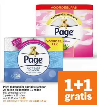 Albert Heijn Page toiletpapier compleet schoon 24 rollen en sensitive 16 rollen aanbieding