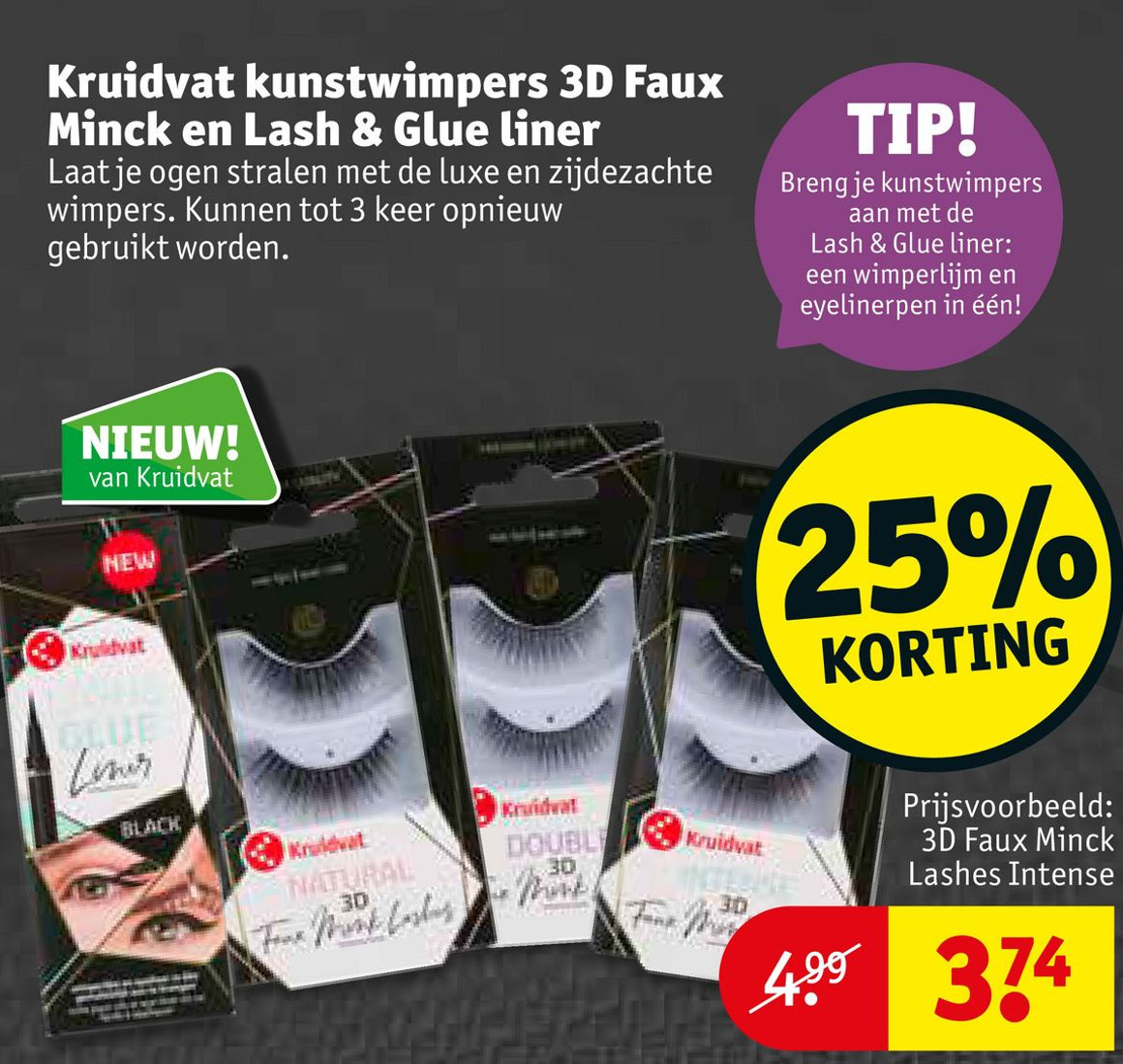 Kruidvat kunstwimpers 3D Faux Minck en Lash & Glue liner aanbieding bij