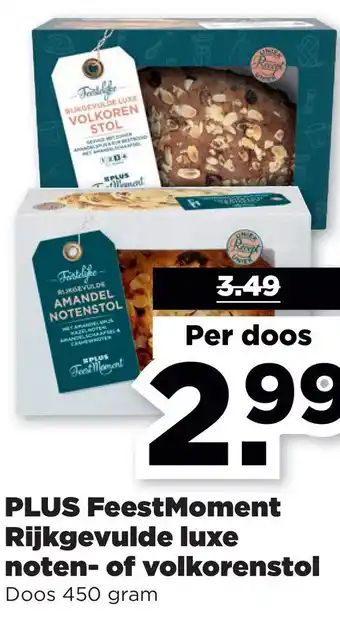 PLUS PLUS FeestMoment Rijkgevulde luxe noten- of volkorenstol Doos 450 gram aanbieding