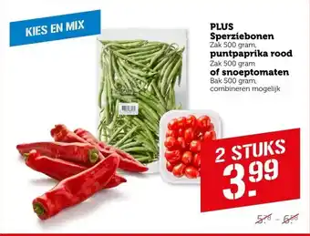 Coop PLUS Sperziebonen, puntpaprika rood of snoeptomaten aanbieding