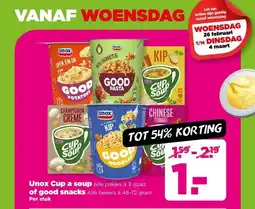 PLUS Unox Cup a soup Alle pakjes à 3 stuks of good snacks Alle bekers à 48-72 gram aanbieding