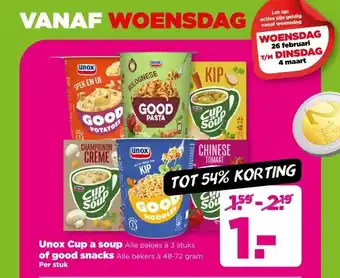 PLUS Unox Cup a soup Alle pakjes à 3 stuks of good snacks Alle bekers à 48-72 gram aanbieding