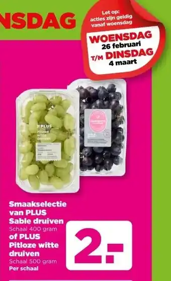 PLUS Smaakselectie van PLUS Sable druiven Schaal 400 gram of PLUS Pitloze witte druiven Schaal 500 gram aanbieding