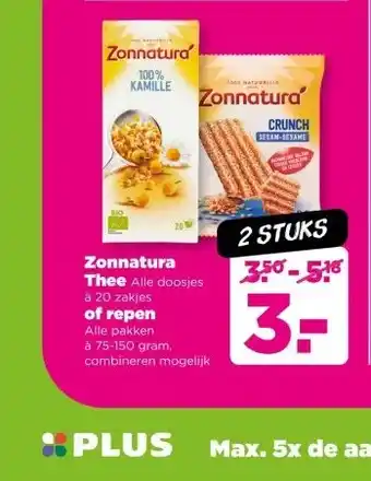 PLUS Zonnatura Thee Alle doosjes à 20 zakjes of repen Alle pakken à 75-150 gram, aanbieding