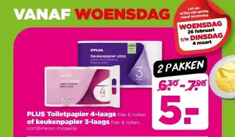 PLUS PLUS Toiletpapier 4-laags Pak 6 rollen of keukenpapier 3-laags Pak 4 rollen, aanbieding