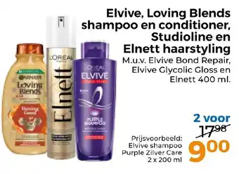 Trekpleister Elvive, Loving Blends shampoo en conditioner, Studioline en Elnett haarstyling aanbieding