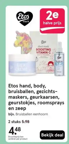 Etos Etos hand, body, bruisballen, gezichts- maskers, geurkaarsen, geurstokjes, roomsprays en zeep aanbieding