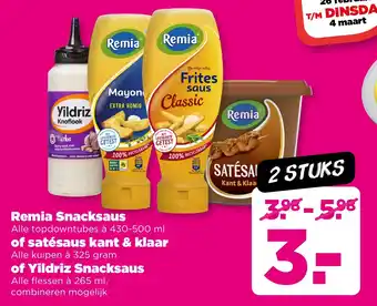 PLUS Remia Snacksaus of satésaus kant & klaar of Yildriz Snacksaus aanbieding