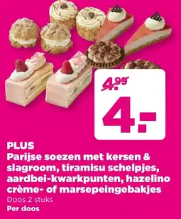 PLUS PLUS Parijse soezen met kersen & slagroom, tiramisu schelpjes, aardbei kwarkpunten, hazelino crème of marsepeingebakjes aanbieding