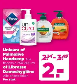 PLUS Unicura of Palmolive Handzeep of Libresse Dameshygiëne aanbieding