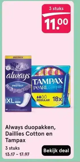 Etos Always duopakken, Daillies Cotton en Tampax aanbieding