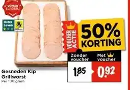 Vomar Voordeelmarkt Gesneden Kip Grillworst Per 100 gram aanbieding