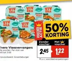 Vomar Voordeelmarkt Vivera Vleesvervangers Alle soorten. Per stuk van 2.45 tot 3.69 Prijsvoorbeeld: Groenteburger aanbieding