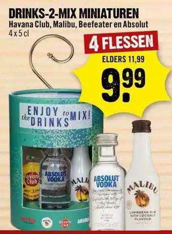 Dirck 3 Drinks-2-Mix Miniaturen Havana Club, Malibu, Beefeater En Absolut aanbieding