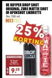 MCD Supermarkt DE KUYPER DROP SHOT ORIGINAL, ZURE MATTIE SHOT OF APENSHOT LIKORETTE aanbieding