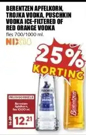 MCD Supermarkt BERENTZEN APFELKORN, TROJKA VODKA, PUSCHKIN VODKA ICE-FILTERED OF RED ORANGE VODKA aanbieding