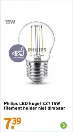 GAMMA Philips LED kogel E27 15W filament helder niet dimbaar aanbieding