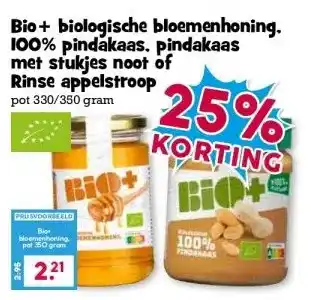 Boon`s Markt Bio+ biologische bloemenhoning. 100% pindakaas, pindakaas met stukjes noot of Rinse appelstroop aanbieding