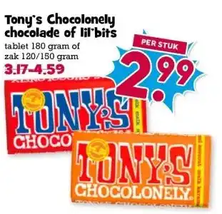 Boon`s Markt Tony's Chocolonely chocolade of lil bits tablet 180 gram of zak 120/150 gram aanbieding