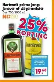 Boon`s Markt Hartevelt prima jonge jenever of Jägermeister fles 700/1000 ml. aanbieding