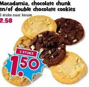 Boon`s Markt Macadamia, chocolate chunk en/of double chocolate cookies 2 stuks naar keuze. aanbieding