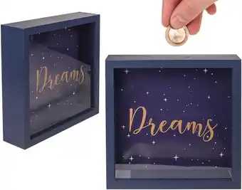 Amazon Houten spaarpot, Dreams, in frame, ca. 20 x 20 cm, blauw aanbieding