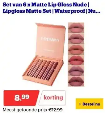 Bol.com Set van 6 x Matte Lip Gloss Nude | Lipgloss Matte Set | Waterproof | Nude Kleuren aanbieding