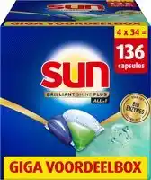 Bol.com Sun - Vaatwascapsules - Brilliant Shine Plus - All-in 1 - met Bio-enzymentechnologie - 136 Vaatwastabletten - Voordeelverpakk aanbieding